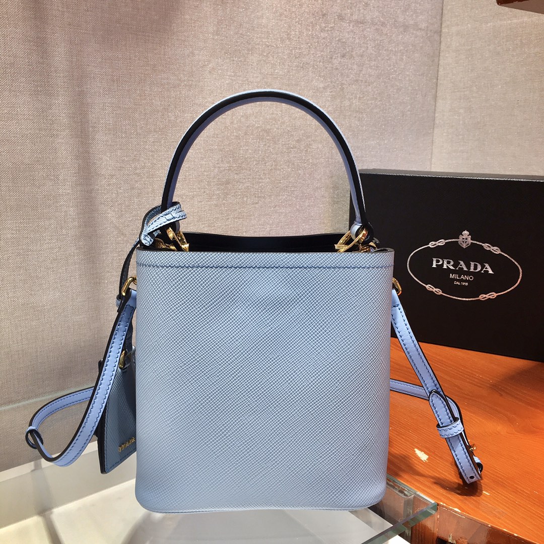 Prada Small Saffiano Leather Panier Bag Light Blue/Black 1BA217